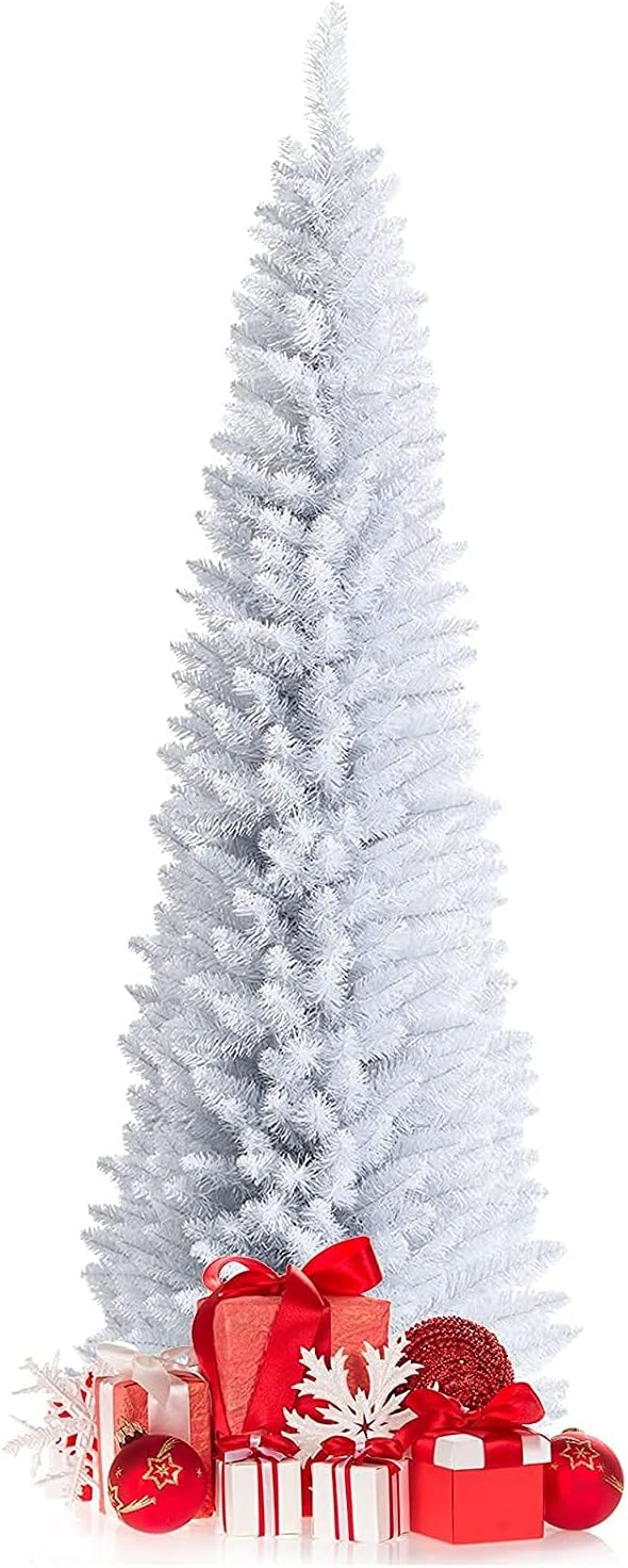 Trees - Happygrill 7FT White Pencil Christmas Tree Life-Like Slim Xmas Tree Artificial Skinny Christmas Tree with Folding Metal Stand & PVC Leaves, Realistic Lush Unlit Pine Tree with 436 Branch Tips