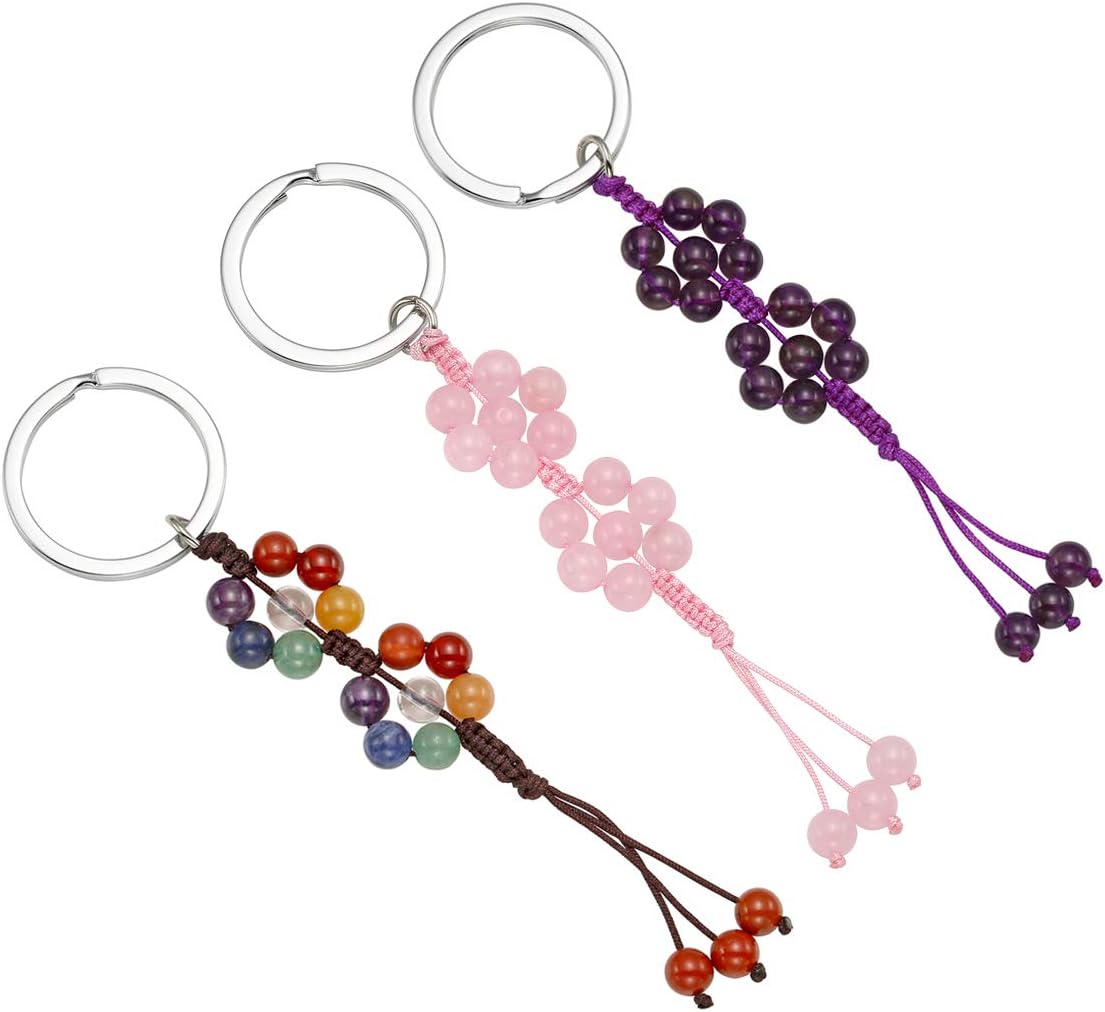 CrystalTears 3pcs Quartz Amethyst Rose Crystal Healing Chakra Stone Beads Tassel Keychains Car Keyring Holder Bag Wallet Purse Decorations Hanging Ornament