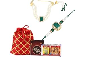 SMIZZY ; (RE)TOUCHING LIVES Combo Set Of 2 Designer Kundan Pearls Lumba Bracelet With Printed Potli Bag, Roli Chawal And Greeting Card For Brother