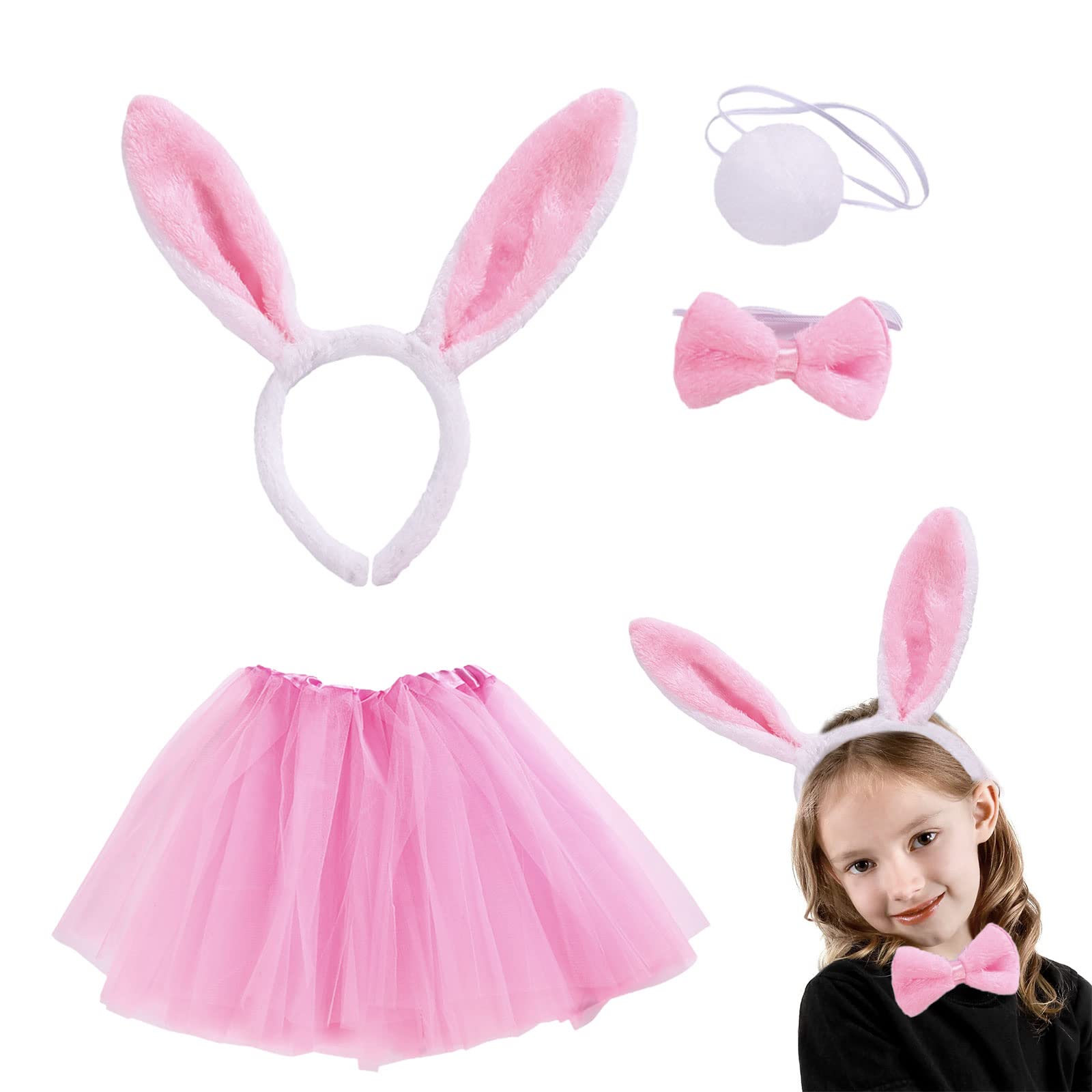 VIKSAUN 4 Pcs Easter Bunny Costume Kids Gifts Rabbit Decoration with Ear Headband Bowtie Tutu Outfit Set Rabbit Ears on Headband Tutu Costume Fancy Dress Cosplay Bunny Rabbit Accessories