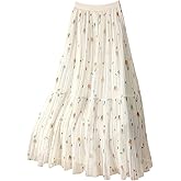 RoseSeek Women's Boho Floral Ruffle Maxi Skirts Elegant High Waisted Pleated A Line Flowy Skirt
