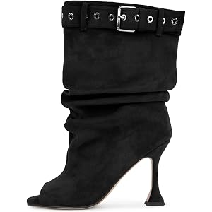 Richealnana Women's Open Toe Buckle Straps Stiletto High Heels Wide Calf Ruched Mid Calf Booties