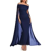 MAYFASEY Women's Elegant Off Shoulder Long Sleeve Mesh Ruched Bodycon Long Formal Party Evening Dress with Cape