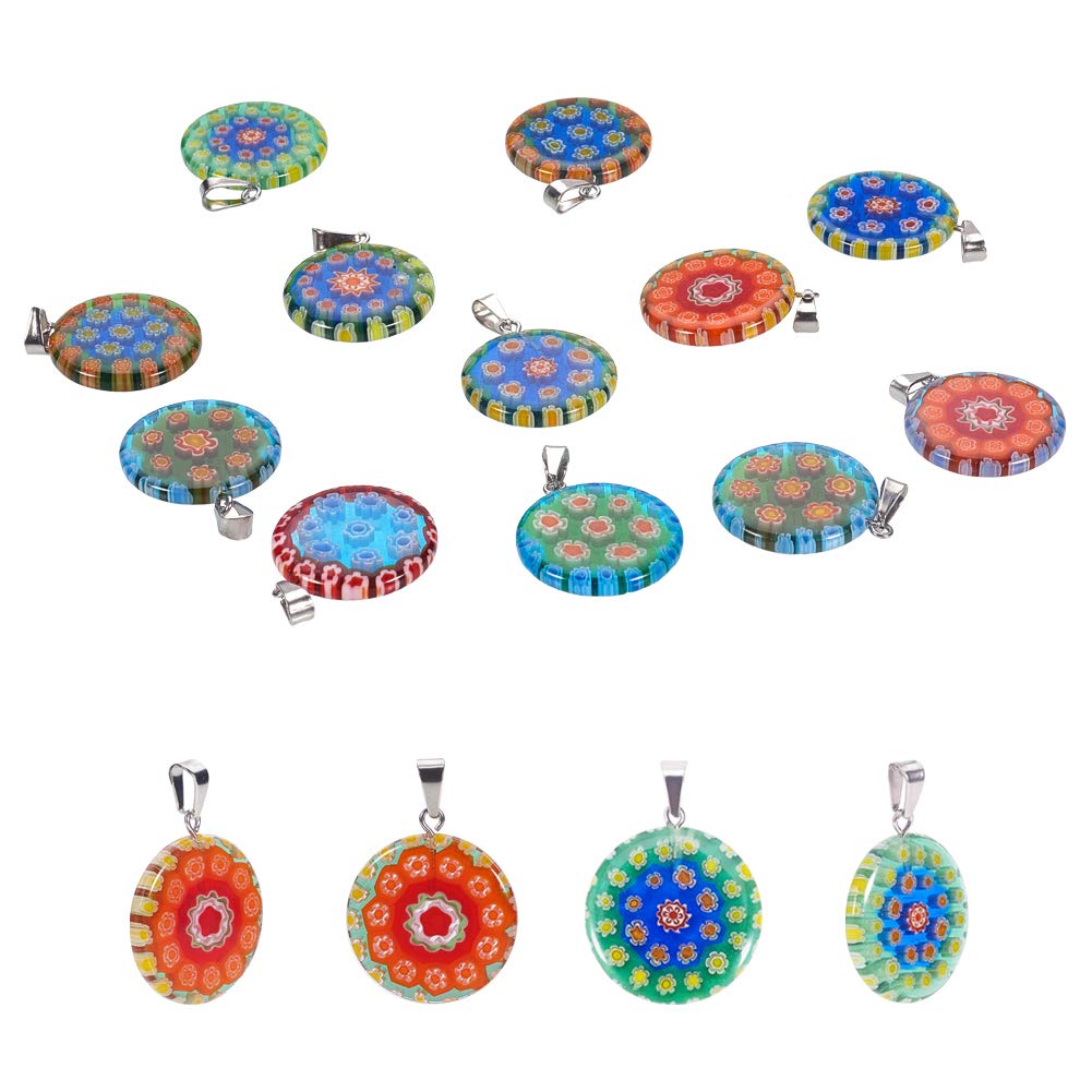 PandaHall 20pcs Flat Round Millefiori Glass Pendants Lampwork Glass Charms with Flower & Stainless Steel Findings for DIY Necklace Jewelry Making, Random Mixed Color
