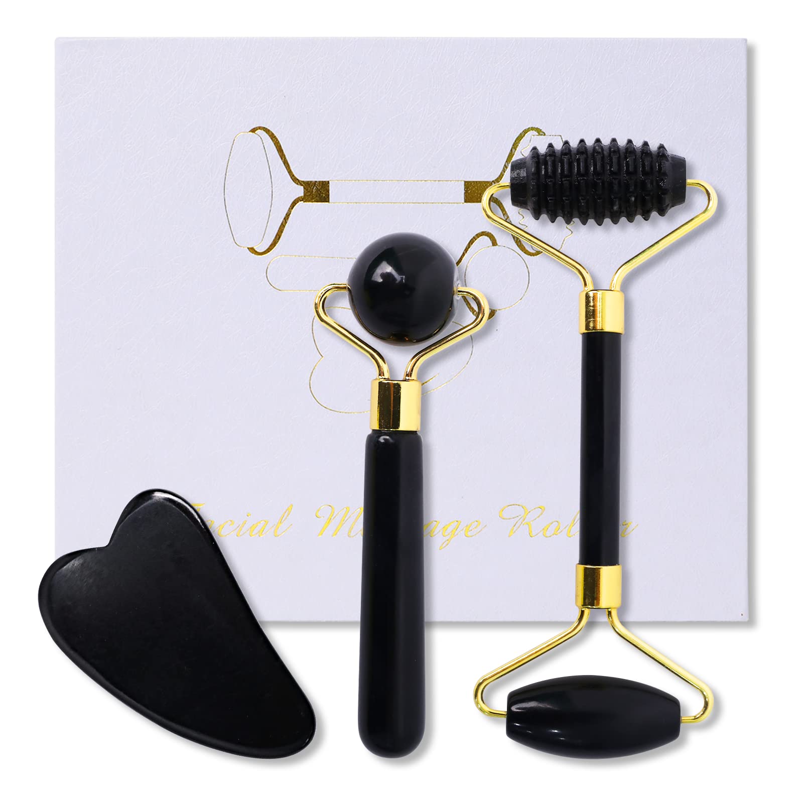 SOARFLY Jade Roller & Gua Sha Stone Set, 3-Piece Natural Obsidian Face Roller, Gua Sha Stone Massage Roller, Tightens Skin, Anti-Aging, Facial Massage Set