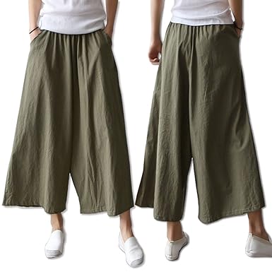 Amazon リネンワイドパンツ 麻混素材 ガウチョ ウエストゴム仕様