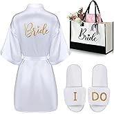 Ramide 3 Pcs Women's Bride Robe & Slippers Wedding Set - Satin Robe, Canvas Tote Bag for Bride, Bachelorette Party, Engagement, Honeymoon Gift