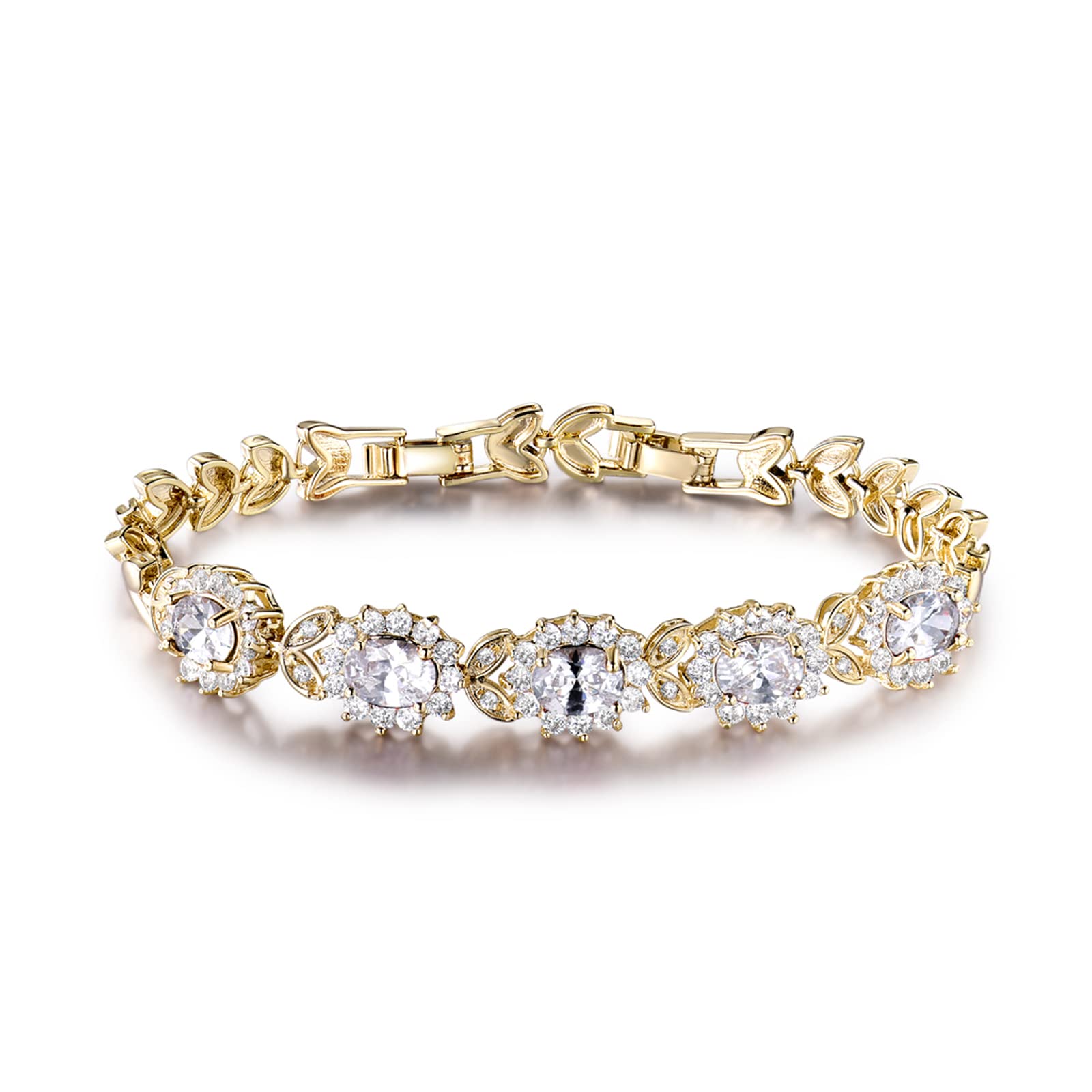 GULICX White Cubic Zirconia Crystal Gold Electroplated Red Bridal Link Statement Bracelet for Women