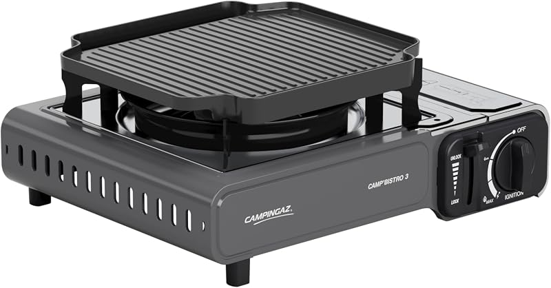 Camp Bistro 3 Fornelli Piastra Combo | Fornello da campeggio a 1 bruciatore | 2200 Watt | Cucina da esterno compatta e portatile | Include custodia per un facile trasporto | Nero