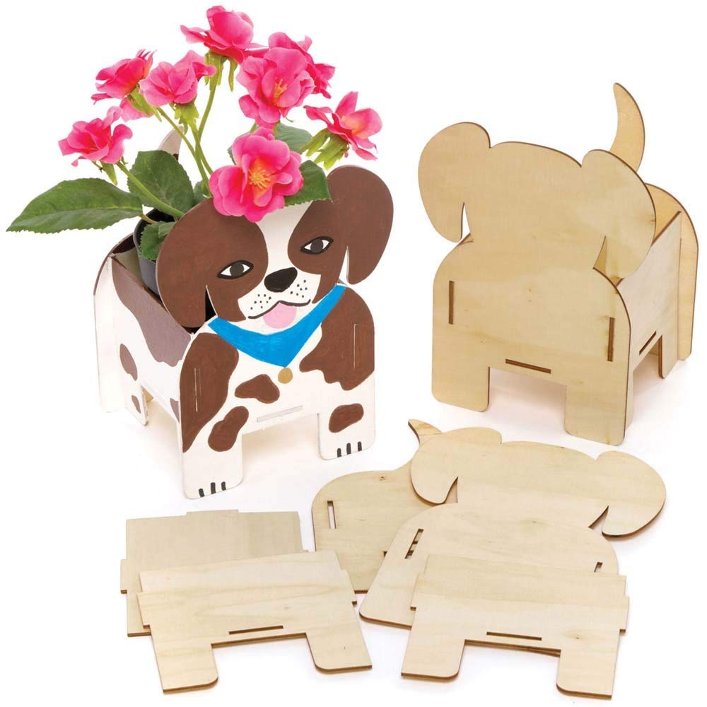 Baker Ross FE375 Dog Wooden Flowerpot Craft Kits - Pack of 3, Make Your Own Flower Pot, Planting Pots for Children to Decorate, Creative Activities for Kids