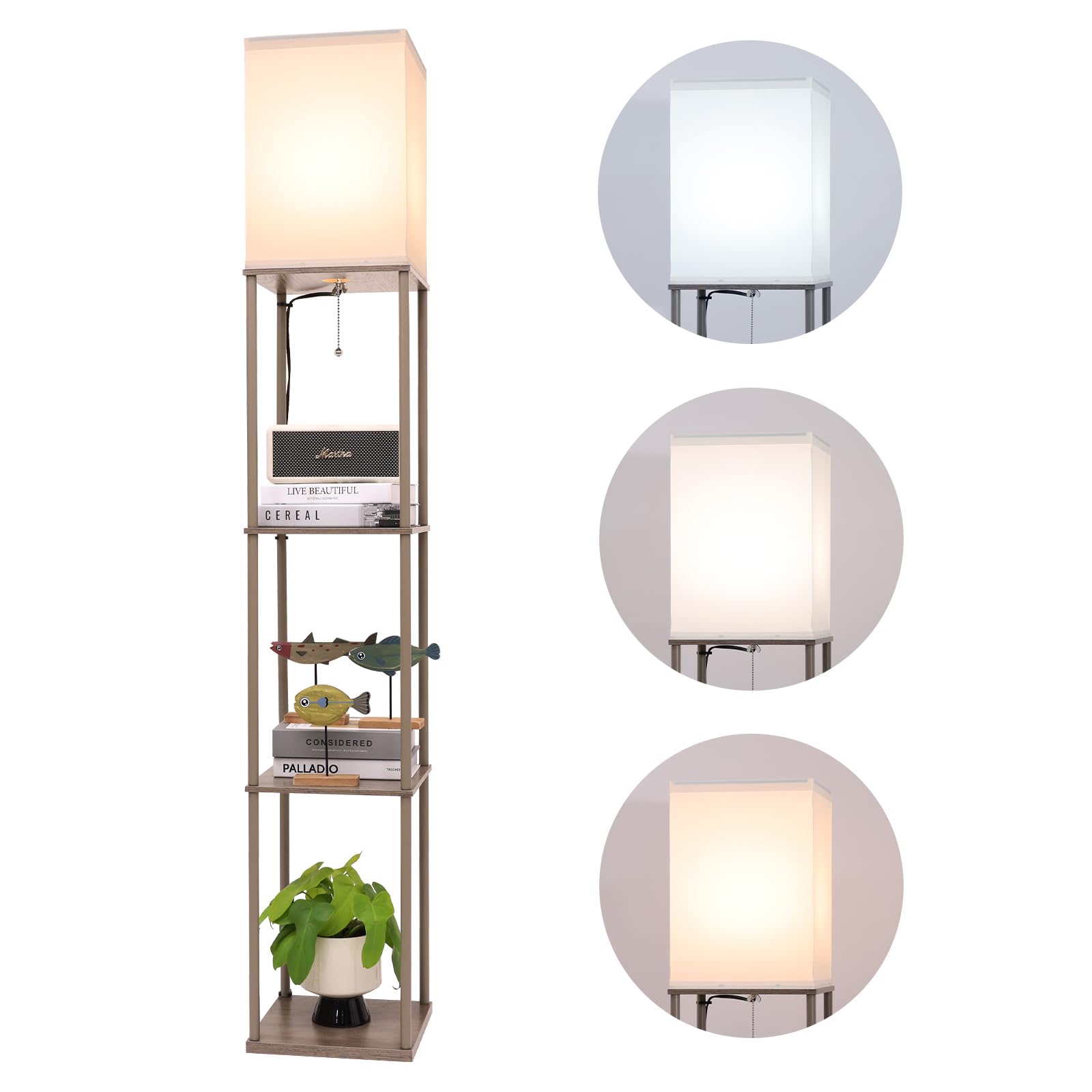 Gupuzm Floor Lamp with Shelves, Modern Square Standing Lamp with 3 Color Temperature Bulb, Corner Display Bookshelf Lamp for Living Room, Bedroom and Office （Grey） Image