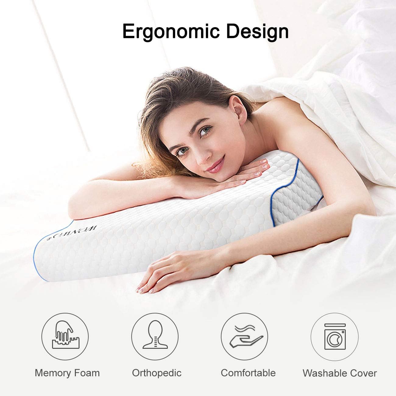 Wonwo Memory Foam Pillow, Ergonomic Contour Cervical Massage Deep Sleep Neck Support Bed Pillow with Removable Washable Cover, CertiPUR-US (Standard Size): Home & Kitchen
