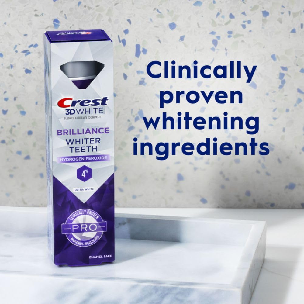 Crest 3D White Brilliance Pro Ultra White Teeth Whitening Toothpaste, 3.8 oz, Anticavity Fluoride Toothpaste, 4% Hydrogen Peroxide, Active Whitening Protection
