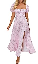 Women's Summer Puff Sleeve Floral Split Maxi Dress