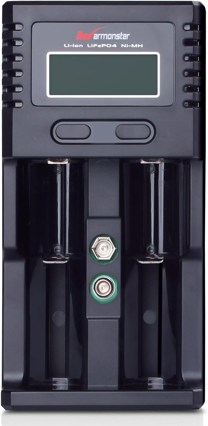 Warmonster Universal Smart 2-slots Charger For Li-ion 18650 26650 16340 /Ni-MH AA AAA C / 3.2V FePO4 / 9V Rechargeable Battery Bundle with 12V DC Adapter, 5V USB Cable+Car charger