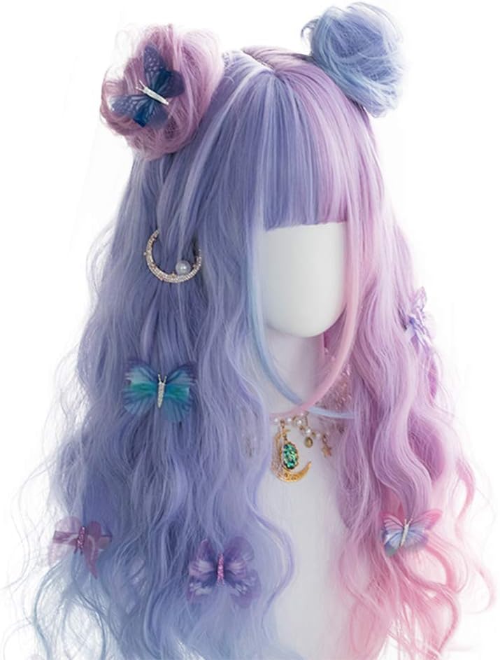 Ombre Long Wave Wig Mixed Purple Pink Fluffy Rabbit Ears Heat-Resistant Bunny Bonnie 25" Wig Lolita Sweet Cute Girl Cosplay Daily Dress Simulation Wig,bun