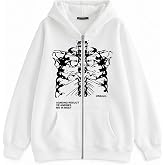 Aobiono Skeleton Zip Up Hoodie, Y2K Gothic Graphic Grunge Alt Jacket | Skeleton graphic, drawstring hood and zip-up design bring Y2K, gothic, grunge and alternative style to everyday outfits
