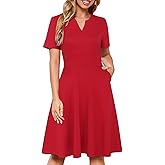 Sureple Semi Formal Dresses for Women Wedding Guest Summer V Neck Short Sleeve Fit and Flare Knee Length Dress with Pockets