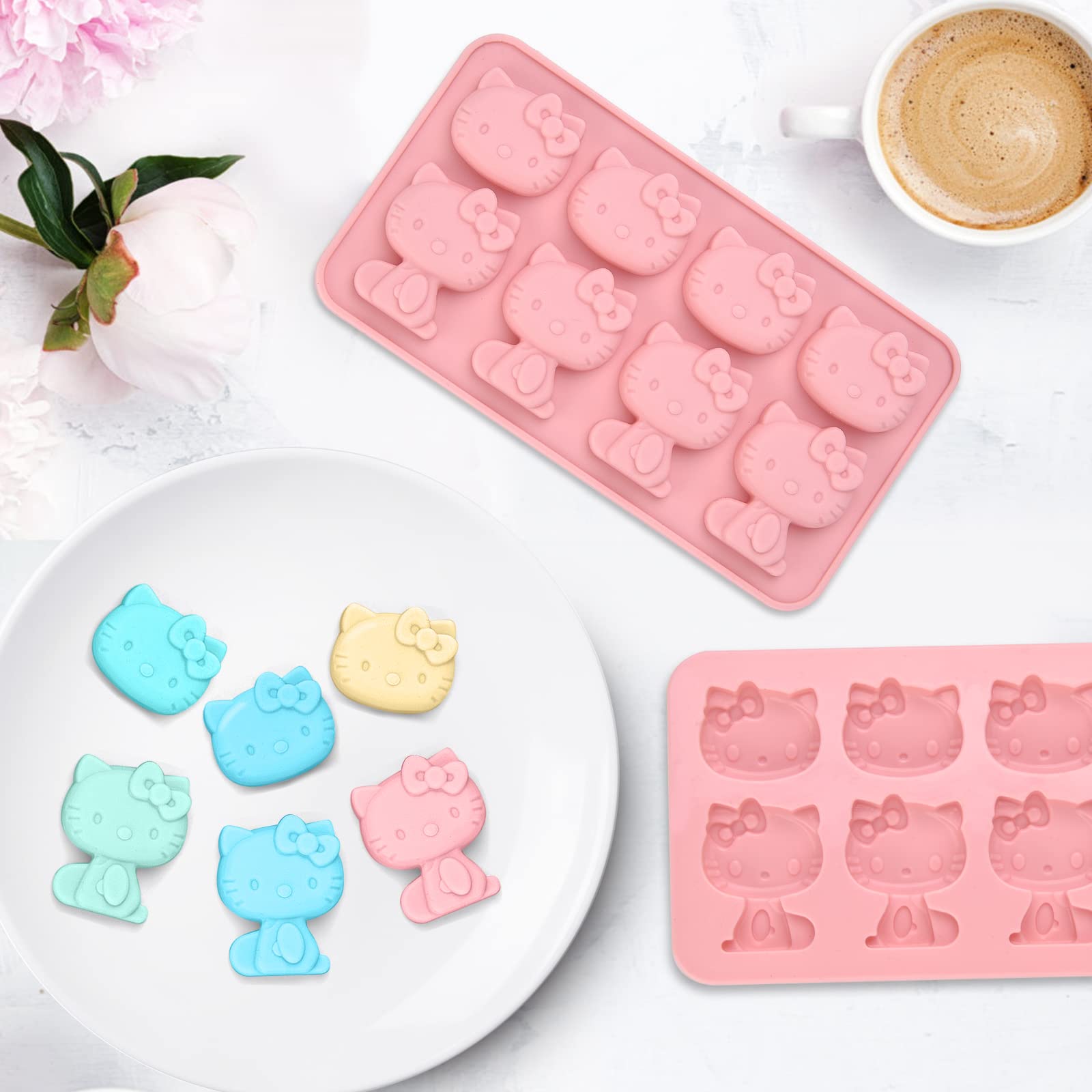 Hello Kitty Silicone molds,Small ice mold,Chocolate tray for Sugarcraft, Birthday Cake Decoration, Gum paste Icing, Candy Chocolate Cupcake Topper Decorating and DIY Baking Tools 8 Cups 2 pack