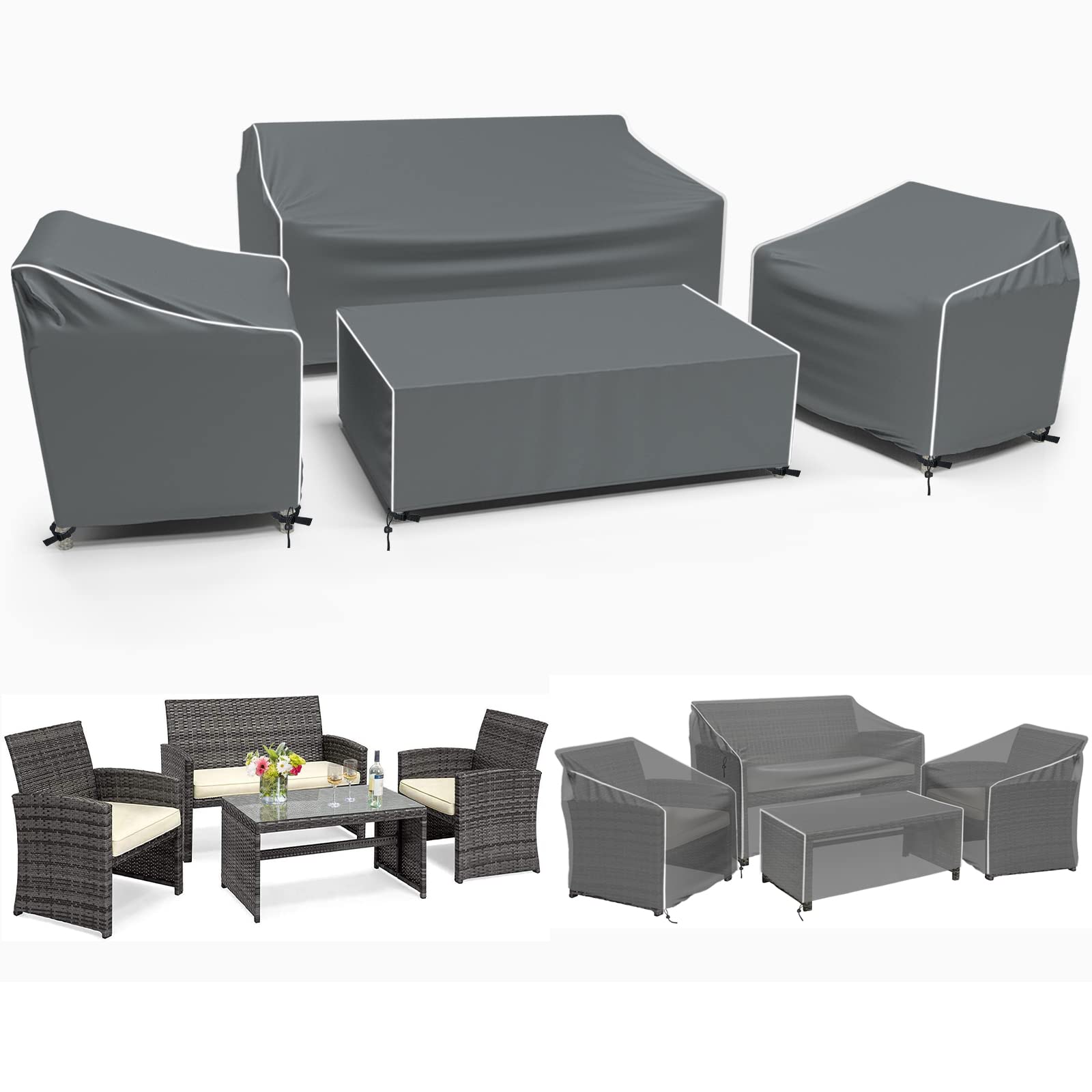 Photo 1 of Gasadar Patio Furniture Covers, 4-Piece Outdoor Furniture Cover Waterproof for Patio Loveseat, Chair and Coffee Table, 600D Heavy Duty, Grey