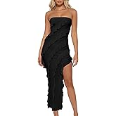 HOCILLE Women's Sexy Strapless Tube Bodycon Ruffle Split Long Cocktail Party Dresses