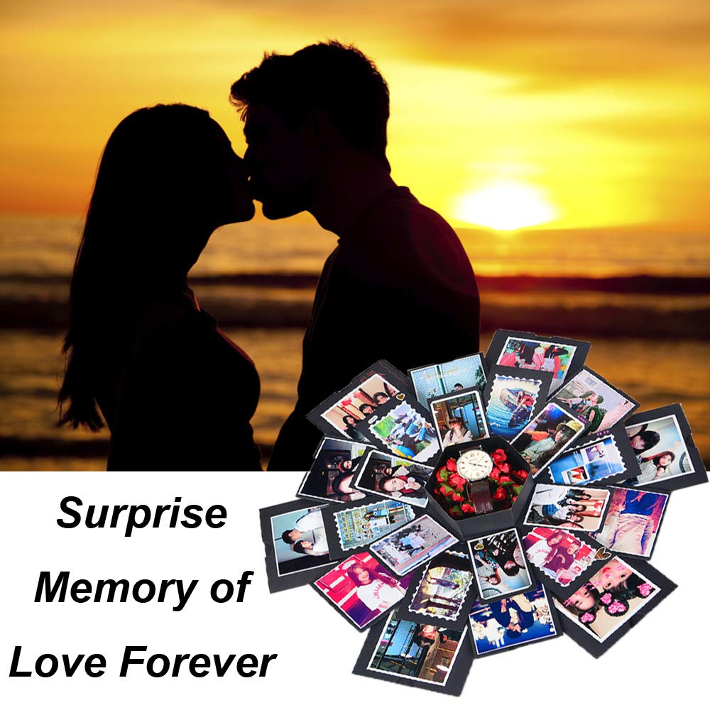 Creative Explosion Box DIY Gift - Scrapbooking for Wedding Engagement Anniversary Graduation Birthday, Upgraded 6-Sides Handmade Photo Album with Love Memory (Black）