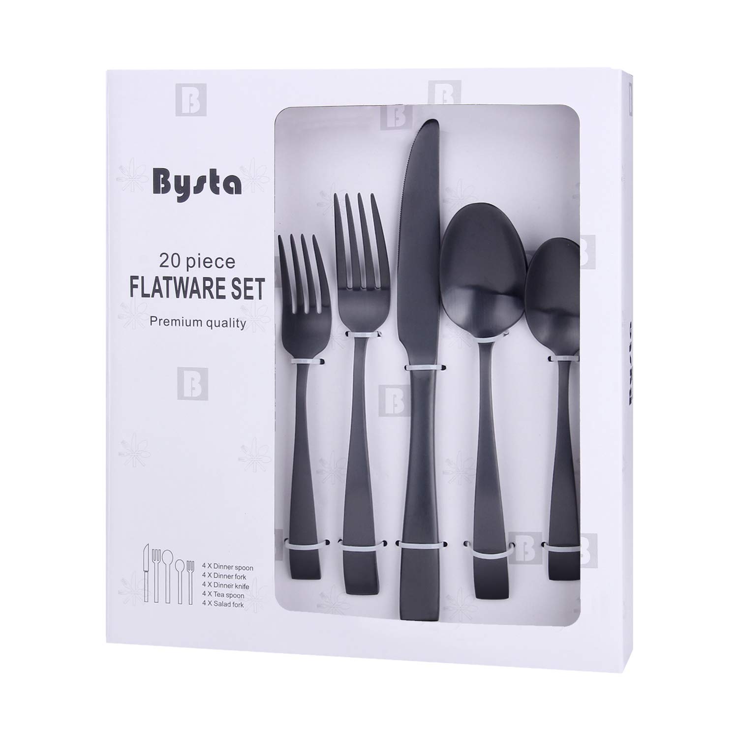 Matte Black Silverware Set, Bysta 20-Piece Stainless Steel Flatware Cutlery Set for 4, Satin Finish, Dishwasher Safe, Nice Box Package