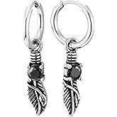 Vintage Steel Feather Dangle Earrings for Women with Black CZ, Boho Hoop Drop Earrings, Statement