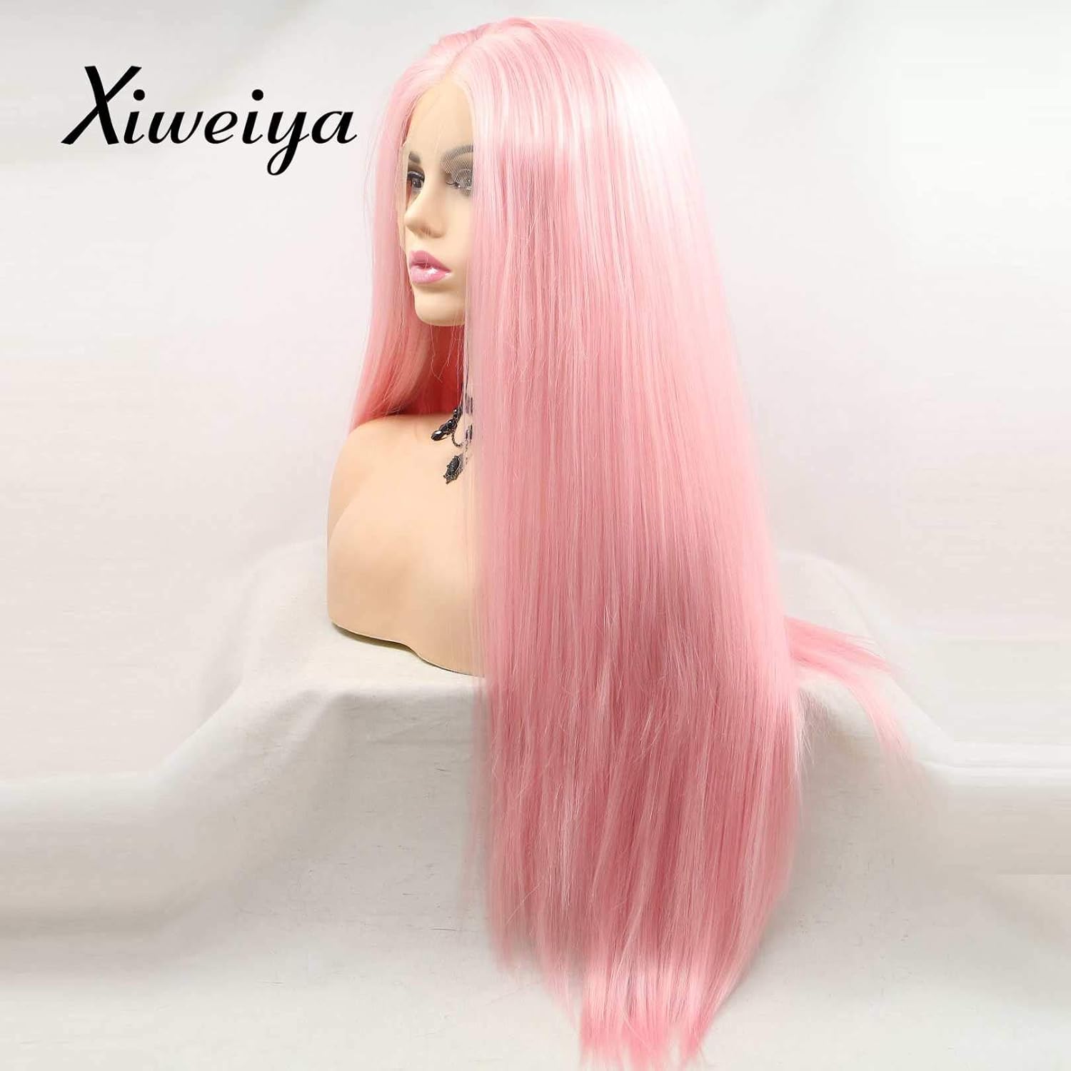 Xiweiya Long pink straight wig Synthetic Lace Front Wigs With Heat Resistant Fiber Pink - Image 5