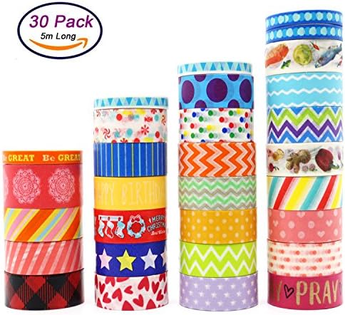 Premium Washi Masking Tape Set of 30, Colorful Decorative Craft Tape Collection, Japanese Print Paper Art Tapes for DIY Crafts and Gift Wrapping Office Party Supplies (30Pcs)