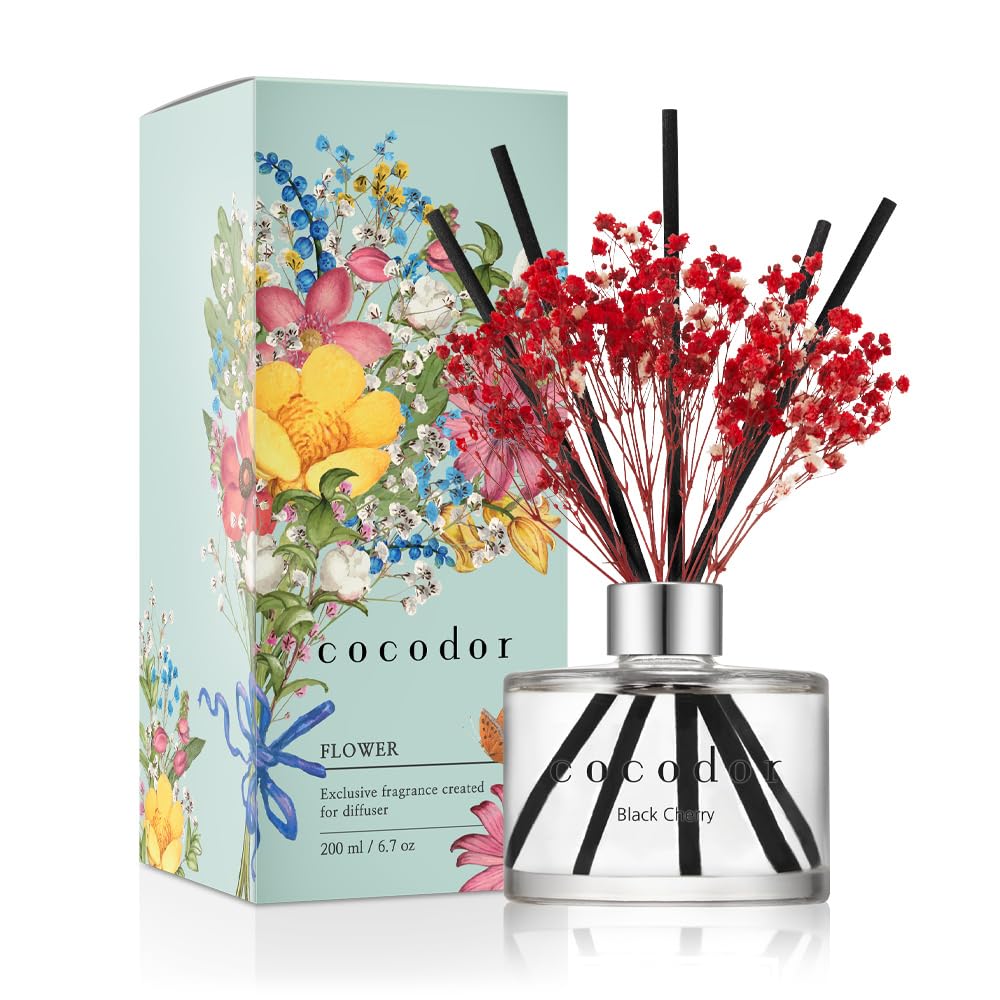 [COCODOR/Black Cherry] Flower Reed diffusers Oil with a Set of 5 Fiber Sticks, 200ml, Best for Home, Kitchen, Bathroom. Diffusers with sticks — image 1