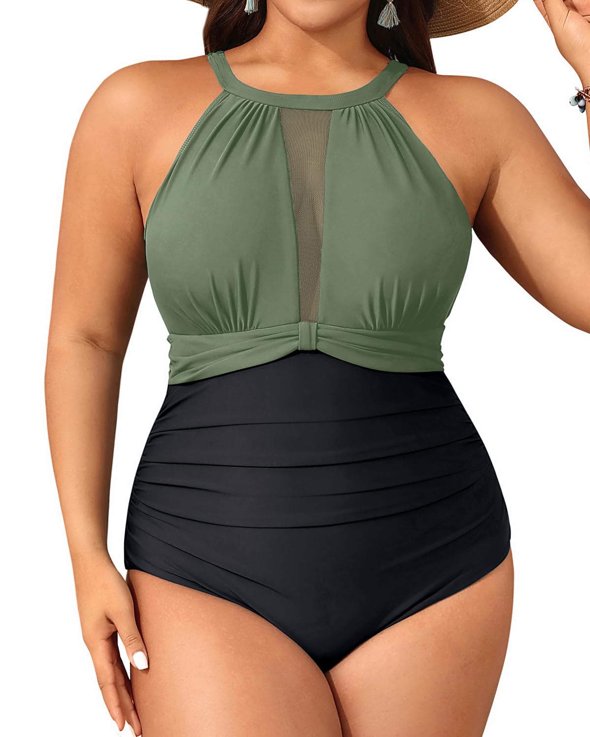Photo 1 of Aqua Eve Plus Size Women One Piece Swimsuit Tummy Control Bathing Suit High Neck Swimwear Black and Green 22W