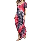 Match Women's V-Neck Casual Loose Short Sleeve Long T-Shirt Dress Split Maxi Dress with Side Pocket