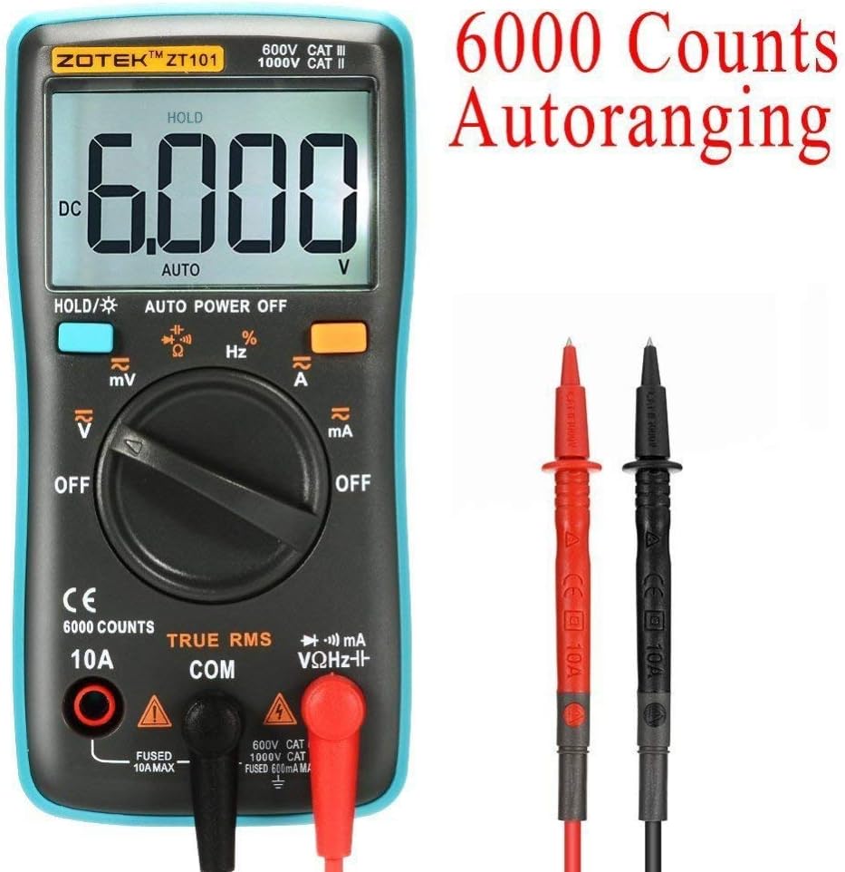 Ttzz ZOTEK Digital Multimeter,Portable 6000 Counts Auto Ranging Multi Tester OHM/Hz/Temp/Duty Cycle AC/DC Measuring Tester with Backlight LCD Display