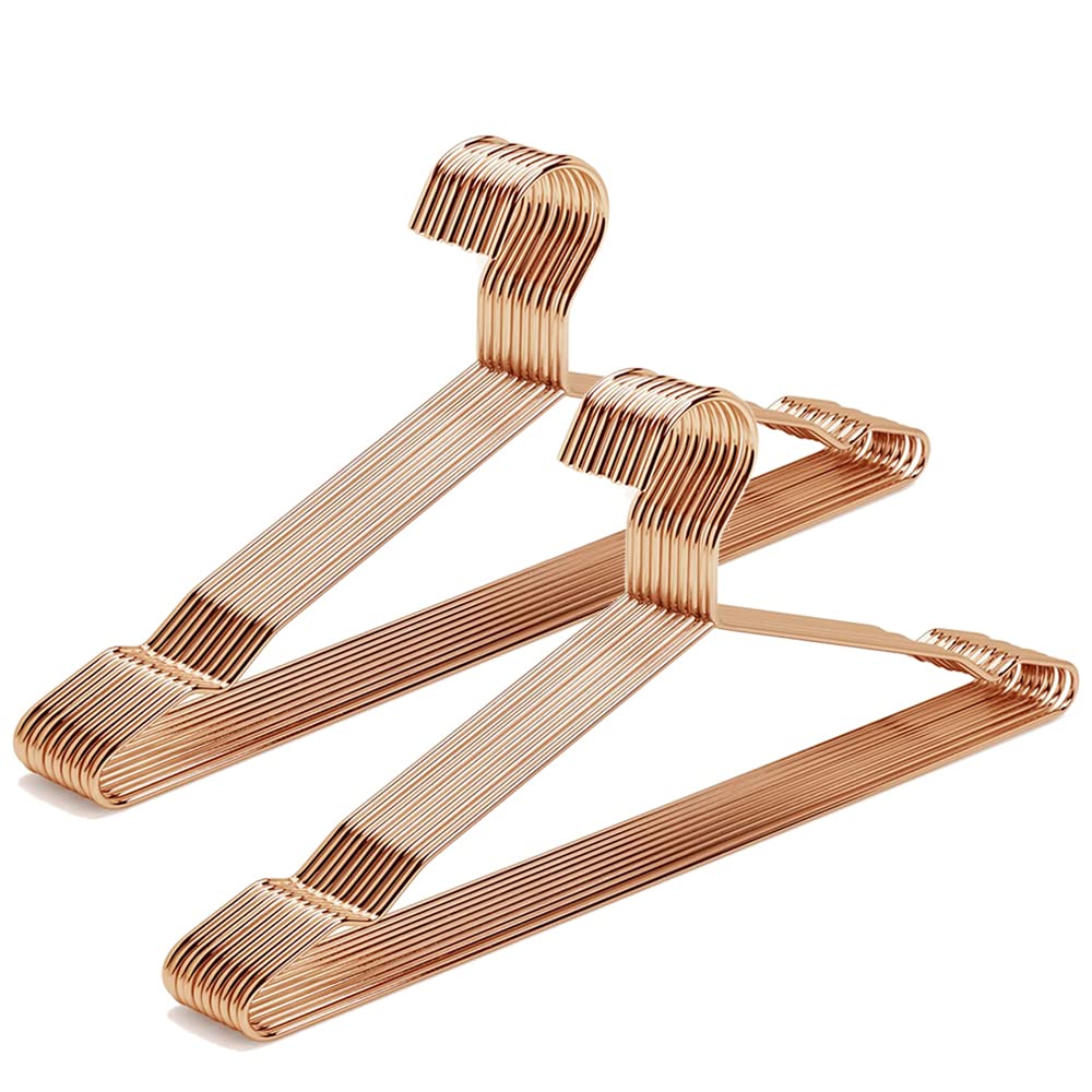 Amber Home 43cm Shiny Rose Gold Metal Coat Hanger 20pcs, Space Saving Metal Clothes Hangers with Notches, Heavy Duty Strong Metal Wire Hanger for Blouse Dress Shirt Jacket Pants