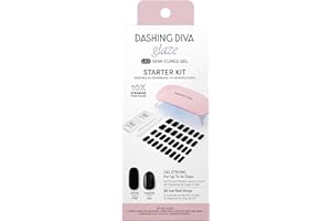 Dashing Diva Glaze Nail Starter Kit - Real Black - Long Lasting, Chip Resistant, Semi-Cured Gel Nail Strips - 7-Piece Manicure Set with 32 Strips and Mini LED Lamp