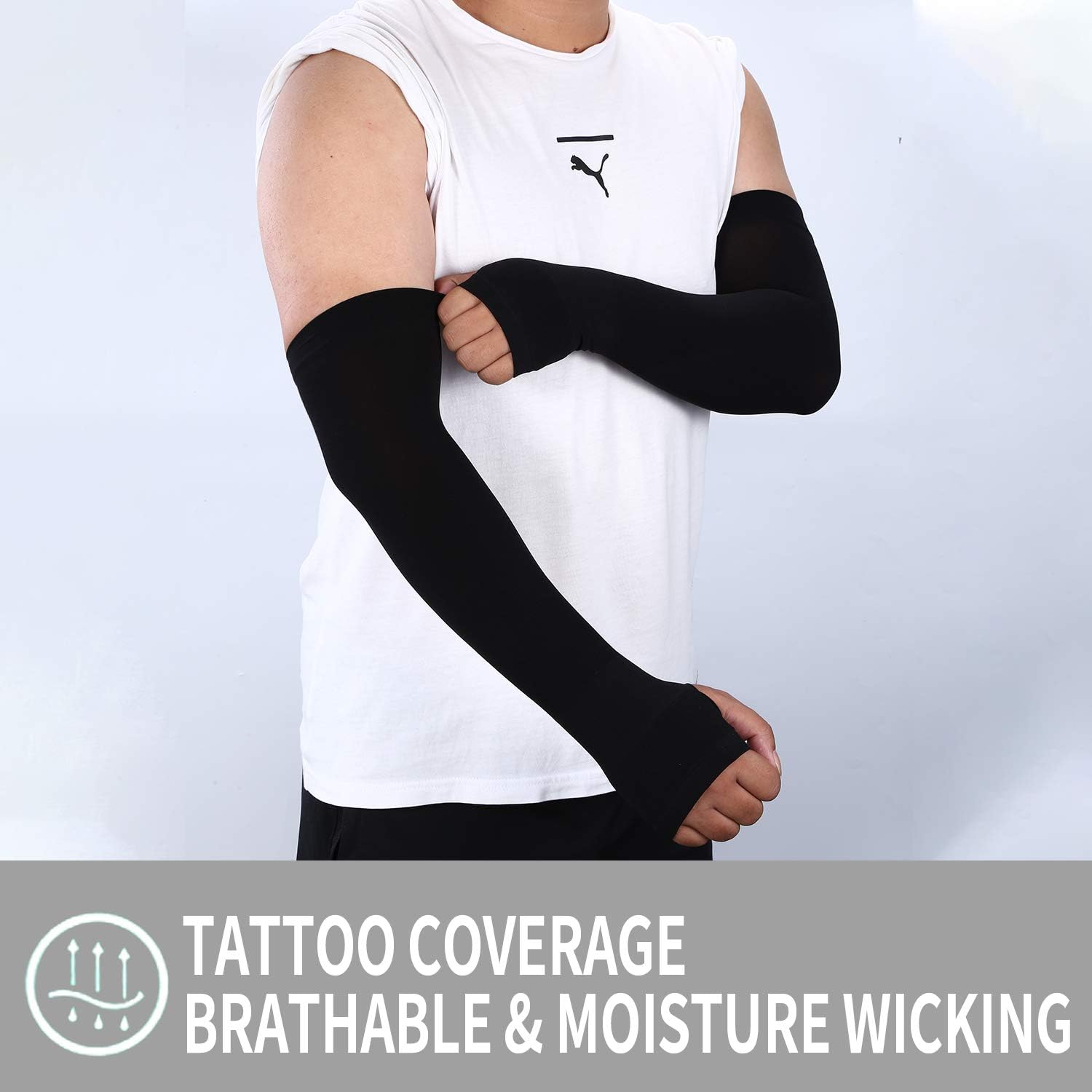 Arm Sleeves for Men Women Youth, Sun Protection Cooling UPF 50 Compression Arm Sleeve with Hand Cover Tattoo Cover Up Sleeves to Cover Arms for Elbow Basketball Running Cycling Golf Football-Black : Sports & Outdoors