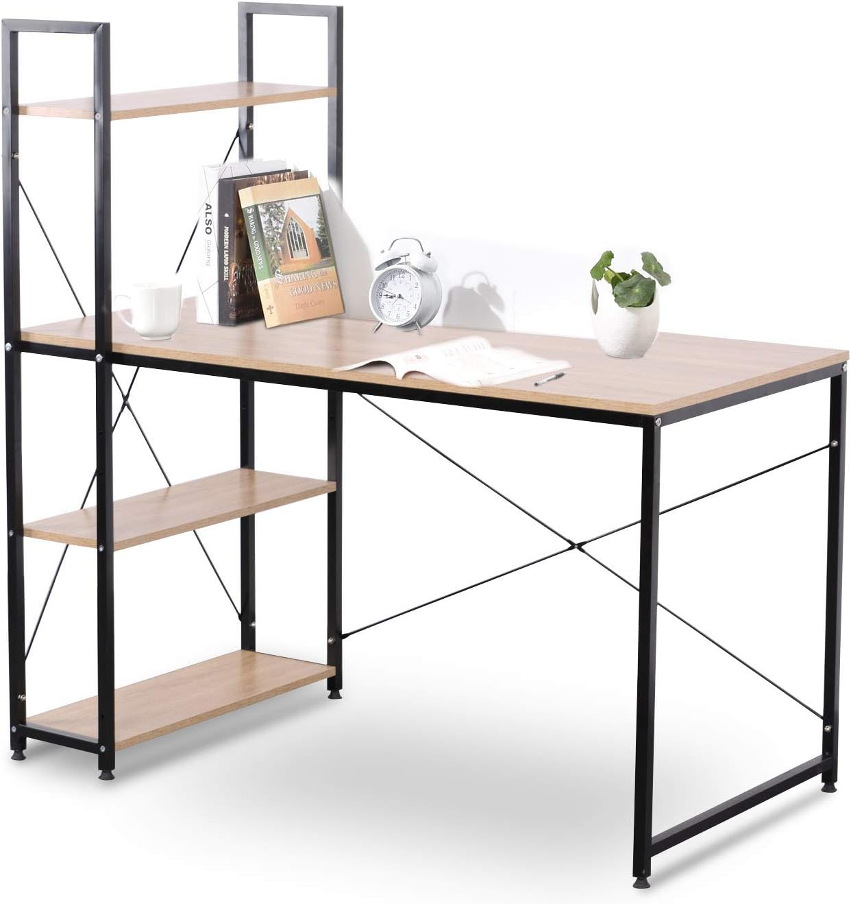 WOLTU Computer Desk Light Oak+Black Office Desk Workstation 4 Shelves