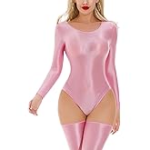 Ausing Women's Shiny Long-Sleeve Leotard Glossy Oil Tights Bodycon Triangle Bodysuit for Nightwear M-XL