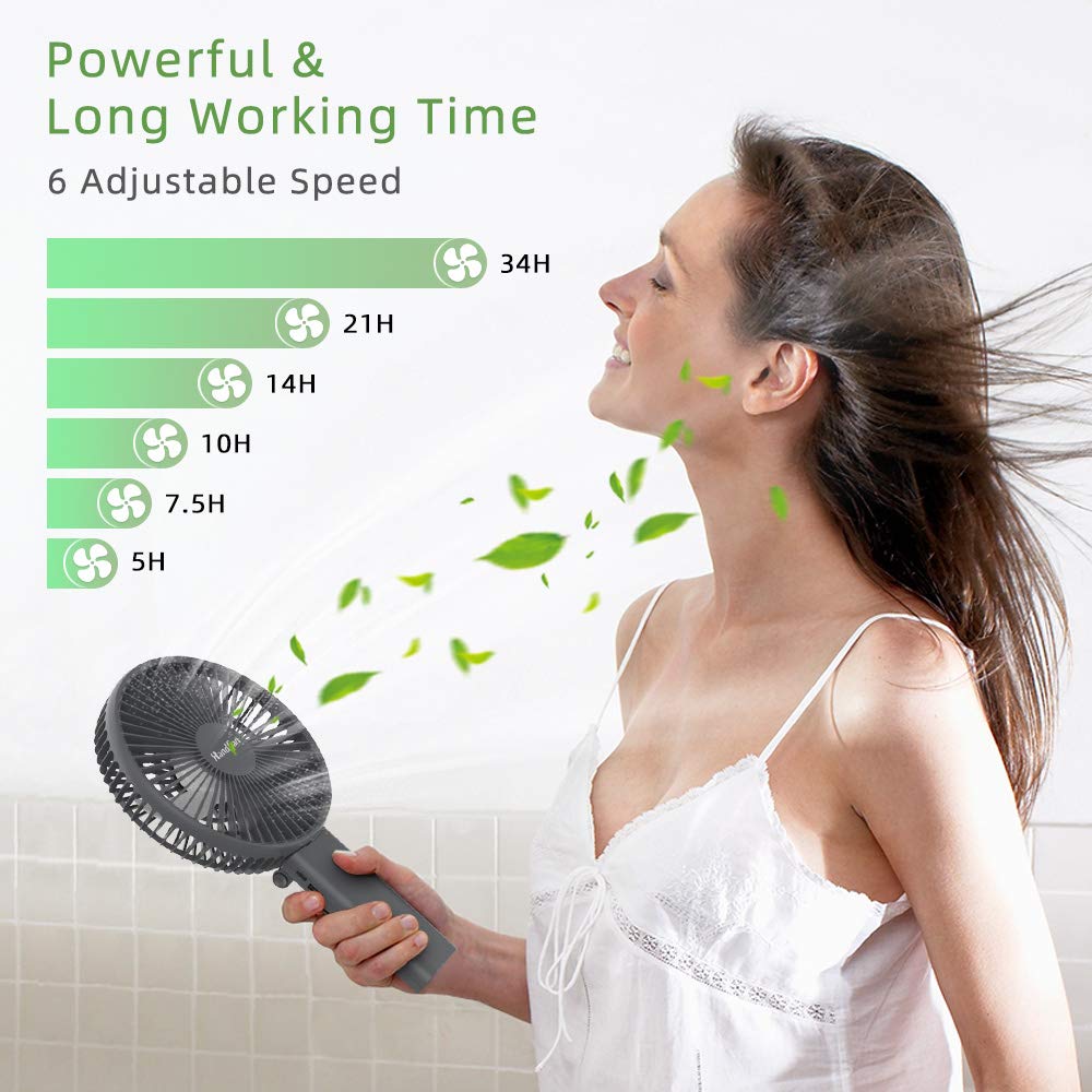 HandFan 6 Inch Handheld Fan with 4000mAh Battery 6 Speed Personal Fan, Strong Airflow, Cooling Desk Removable Base Design, 5-34H Working Time, 180° Foldable for Travel Outdoor Office Household(grey)