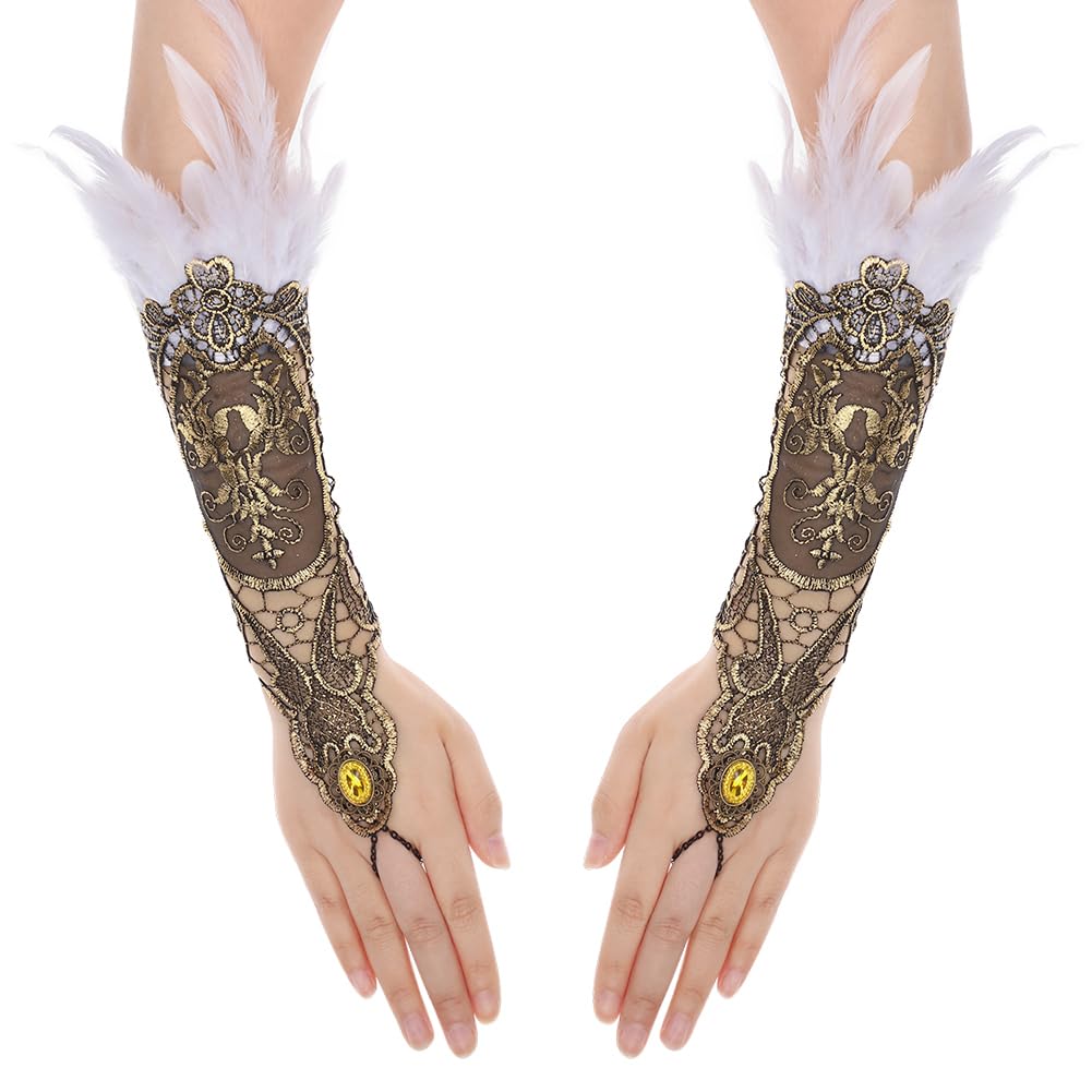 Feather Lace Long Glove Feather Wrist Cuffs Gothic Gloves Opera Glove Halloween Fancy Dress Glove Carnival Mardi Gras Glove Cosplay Glove Halloween Costume Accessories Evening Party Wedding Props
