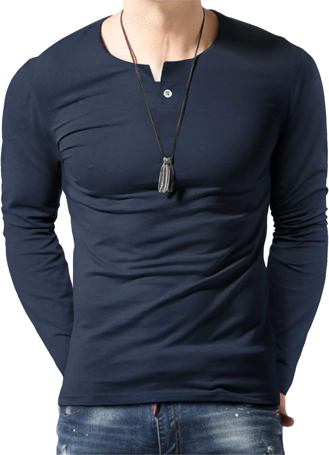 AIYINOMens Summer Cotton Casual Henley Shirts Single Button Placket Plain v Neck T-Shirts Regular Fit