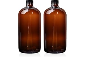 BETROME 2 Pack 32 oz Amber Glass Boston Bottles with Phenolic Poly Cone Caps. Perfect Glass Brewing Bottles for Lab,Fermentation,Storing Kombucha,Brewing and Juicing.