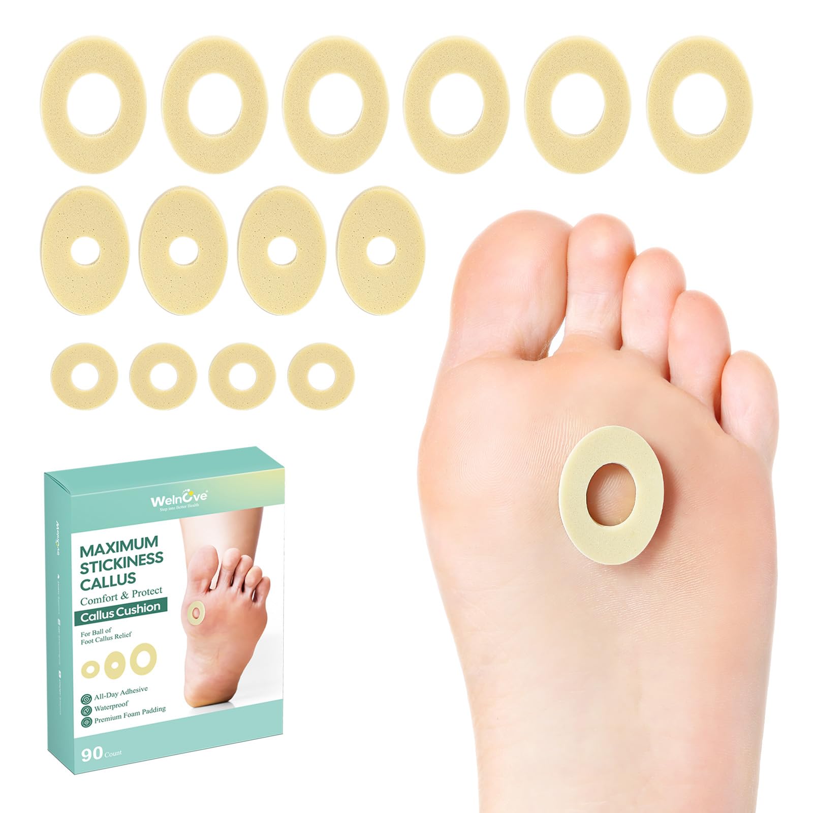 Photo 1 of Welnove Corn Cushions for Toes - 90 Count Callus Cushions with Water-Resistant Self-Stick Adhesive, Upgraded Adhesion, Provide Cushioning and Reduce Pain from Corns Rubbing, Protects Foot and Toes