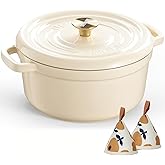 Overmont Enameled Cast Iron Dutch Oven - 5QT Pot with Lid Cookbook & Cotton Potholders - Heavy-Duty Cookware for Braising, Stews, Roasting, Bread Baking Cream white