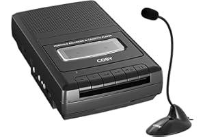 Coby Portable Cassette Player & Recorder with Standing Microphone – Retro Shoebox Tape Recorder with Built-in Speaker, Aux Input, Headphone Jack & Dual Power (Battery/AC) – Classic Black Audio Device