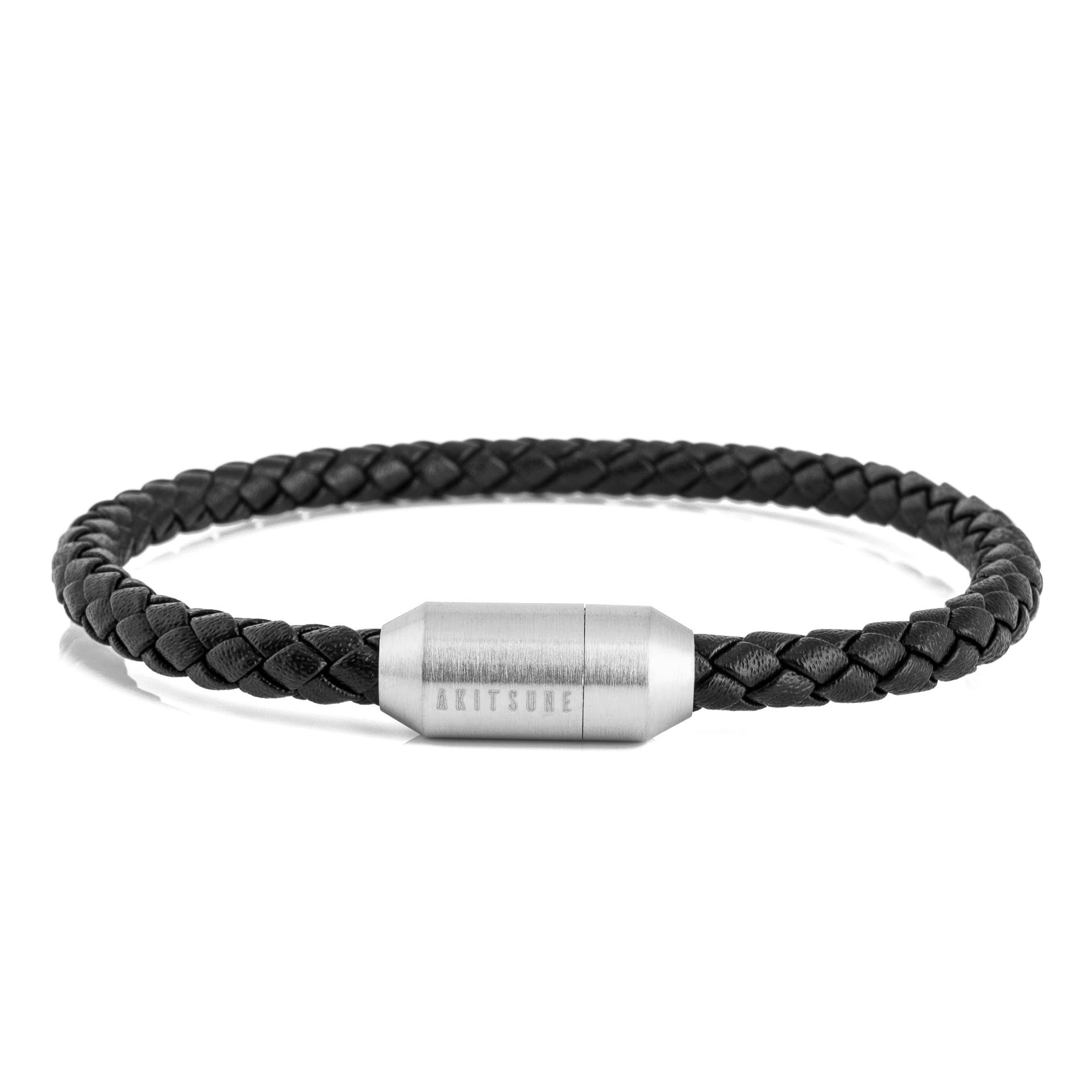 Akitsune Silva Leather Bracelet Magnetic Closure | 5mm | Link Bangle Trinket Women Stainless Steel Simple Bracelet - Silver - Black 20,50cm — image 1