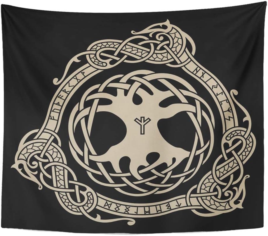 Emvency Tapestry Artwork Wall Hanging Yggdrasil Design of Raven in Celtic Scandinavian Style and Black Ancient 50x60 Inches Tapestries Mattress Tablecloth Curtain Home Decor Print