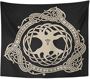 Emvency Tapestry Artwork Wall Hanging Yggdrasil Design of Raven in Celtic Scandinavian Style and Black Ancient 50x60 Inches Tapestries Mattress Tablecloth Curtain Home Decor Print