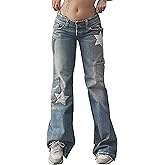 XKBHYD Womens Star Print Jeans Y2k Jeans Baggy Denim Pants Vintage Blue Jeans Straight Leg Pants